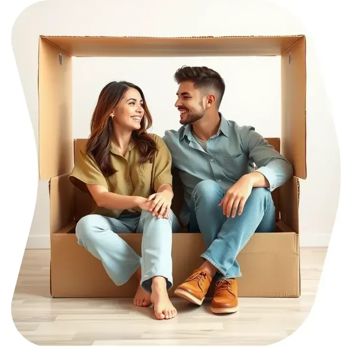 Two guys sitting on the floor of their apartment with Muval moving boxes